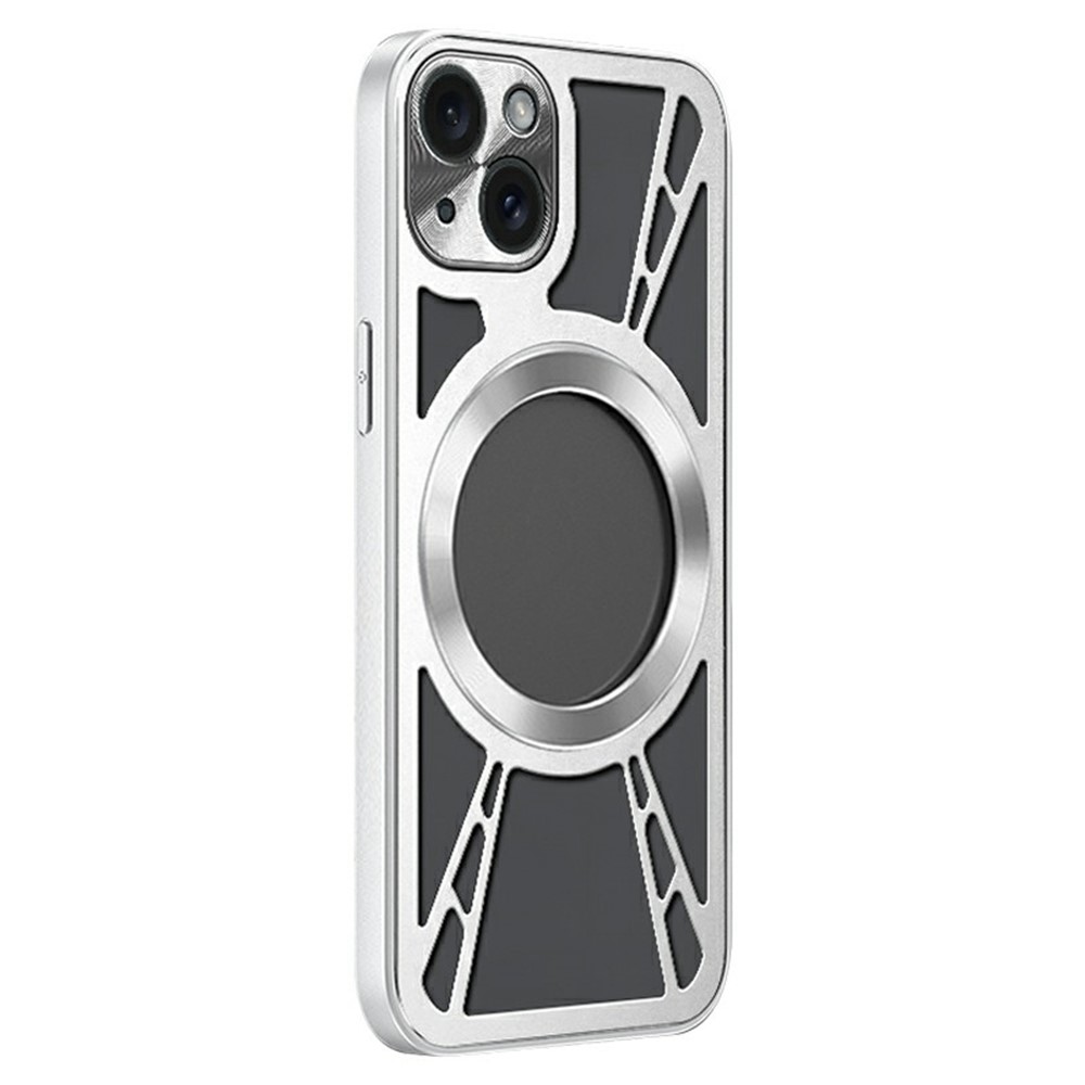 For iPhone 15 Magnetic Case Hollow Heat Dissipation PC + Silicone Phone Cover - Silver