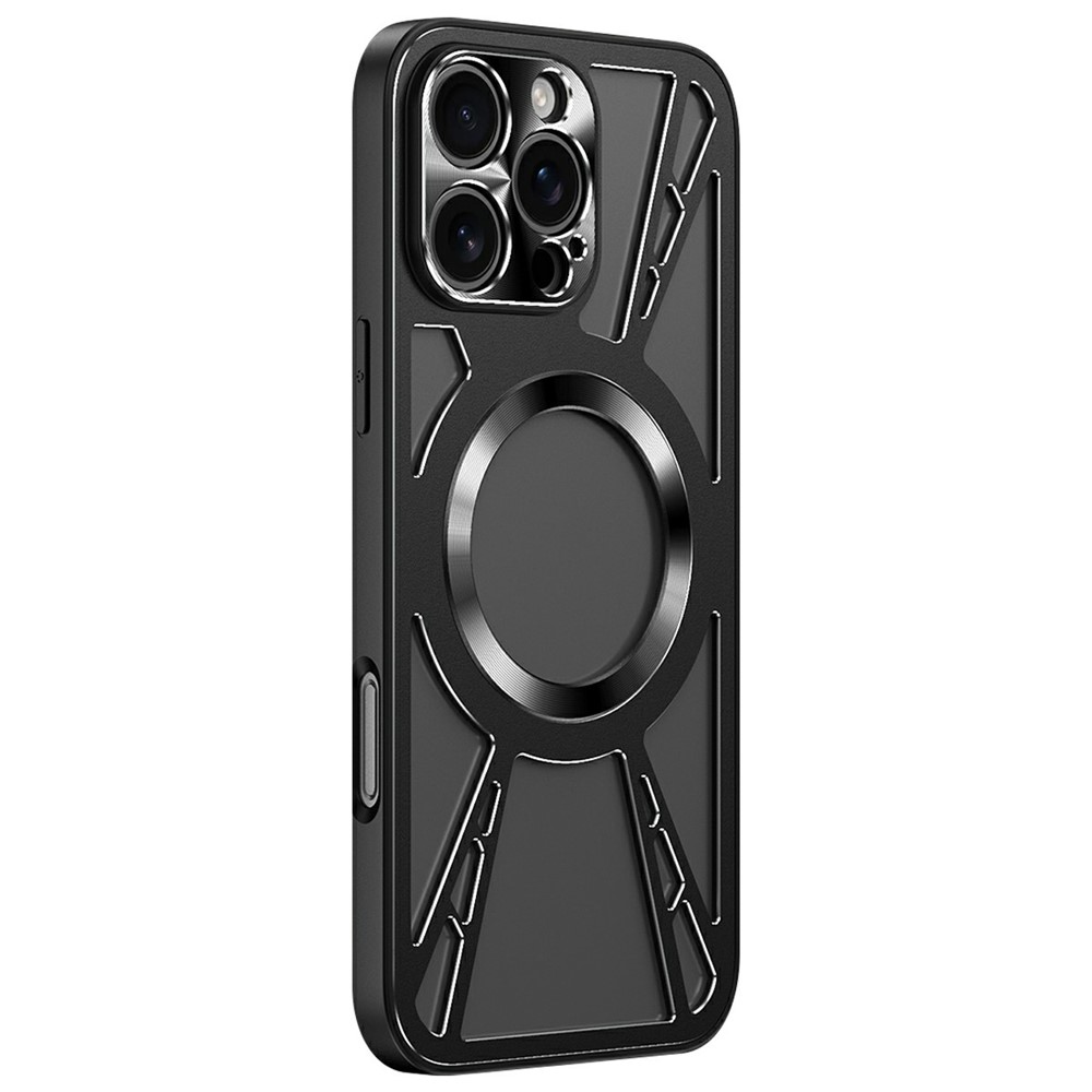 For iPhone 13 Pro Max Magnetic Case Hollow Heat Dissipation PC + Silicone Phone Cover - Black