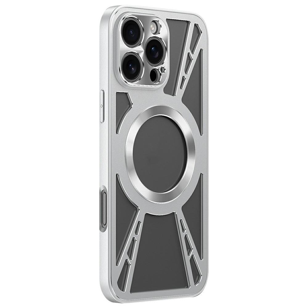 For iPhone 13 Pro Max Magnetic Case Hollow Heat Dissipation PC + Silicone Phone Cover - Silver