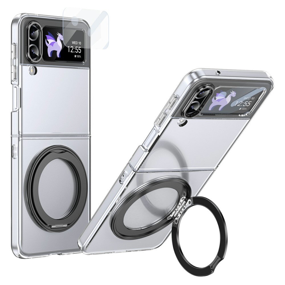For Samsung Galaxy Z Flip4 5G Case Magnetic Kickstand Clear PC Phone Cover with HD Screen Film - Black