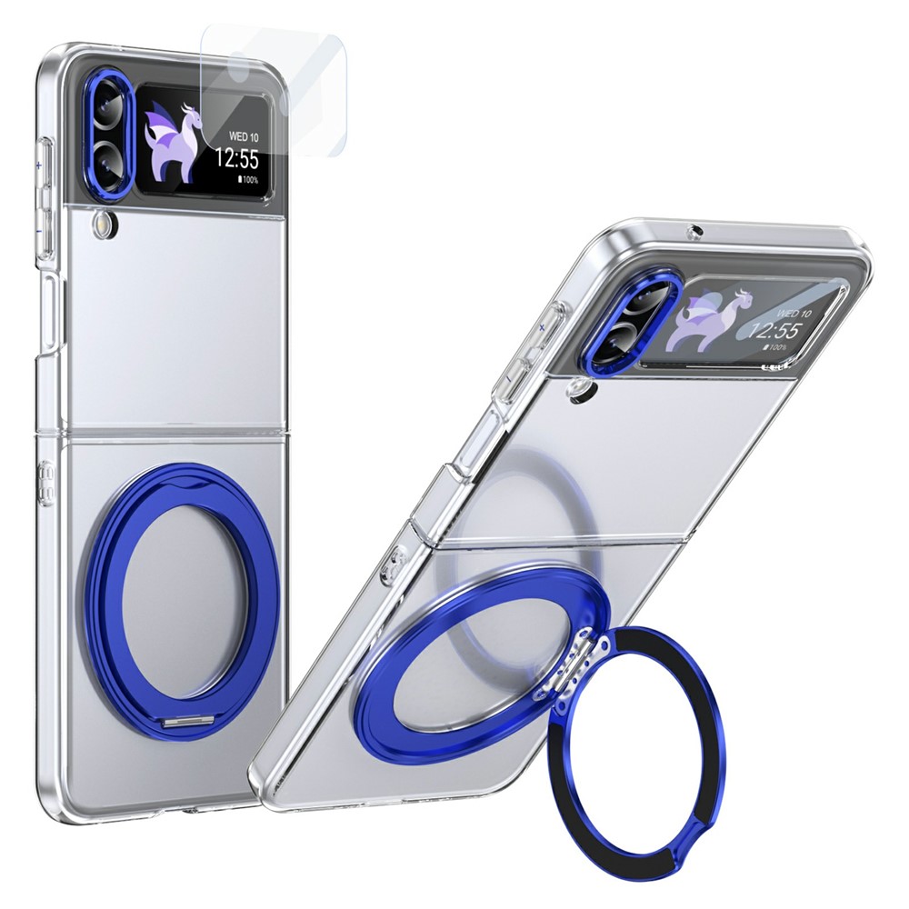 For Samsung Galaxy Z Flip4 5G Case Magnetic Kickstand Clear PC Phone Cover with HD Screen Film - Blue
