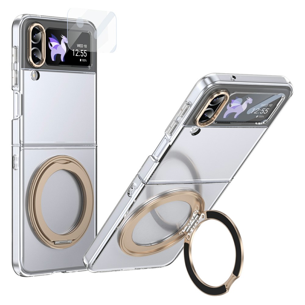 For Samsung Galaxy Z Flip4 5G Case Magnetic Kickstand Clear PC Phone Cover with HD Screen Film - Desert Gold