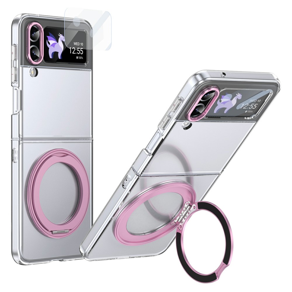 For Samsung Galaxy Z Flip4 5G Case Magnetic Kickstand Clear PC Phone Cover with HD Screen Film - Pink