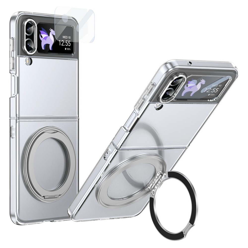 For Samsung Galaxy Z Flip4 5G Case Magnetic Kickstand Clear PC Phone Cover with HD Screen Film - Silver