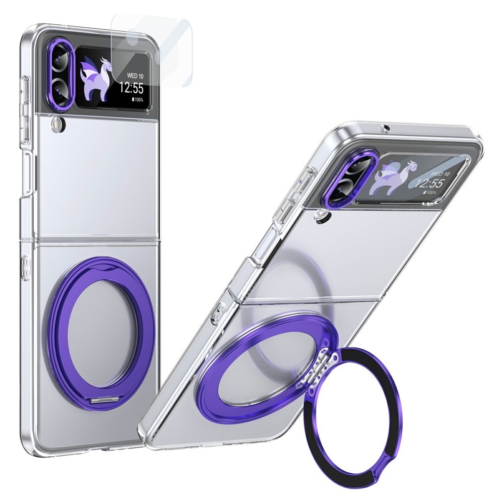 For Samsung Galaxy Z Flip4 5G Case Magnetic Kickstand Clear PC Phone Cover with HD Screen Film - Purple