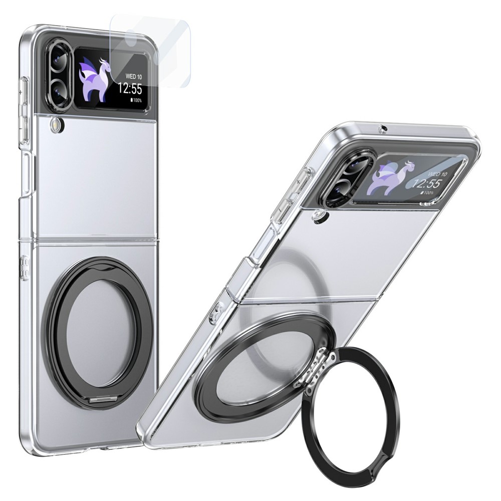 For Samsung Galaxy Z Flip3 5G Case Magnetic Kickstand Clear PC Phone Cover with HD Screen Film - Black