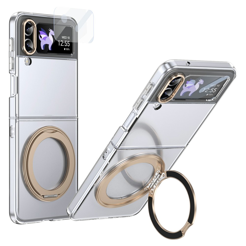 For Samsung Galaxy Z Flip3 5G Case Magnetic Kickstand Clear PC Phone Cover with HD Screen Film - Desert Gold
