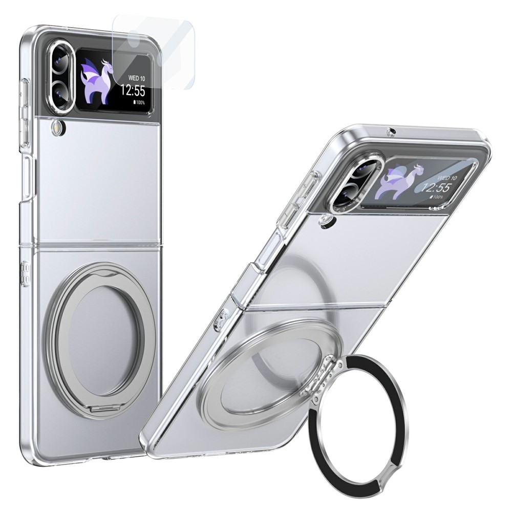 For Samsung Galaxy Z Flip3 5G Case Magnetic Kickstand Clear PC Phone Cover with HD Screen Film - Silver