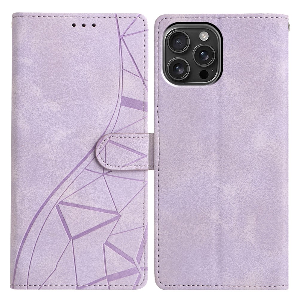 For iPhone 15 Pro Max Case Wallet Stand Imprinted Triangle Pattern Leather Phone Flip Cover - Purple