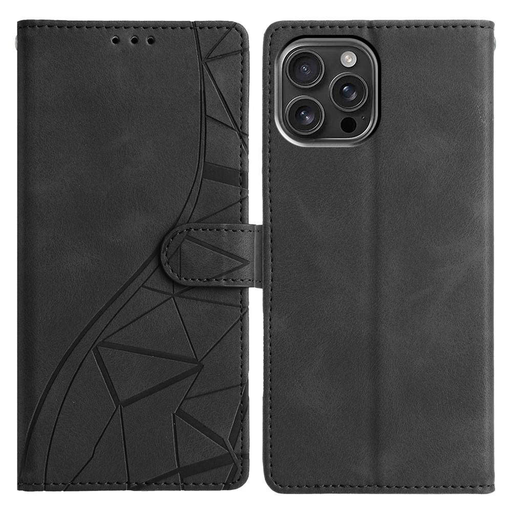 For iPhone 15 Pro Max Case Wallet Stand Imprinted Triangle Pattern Leather Phone Flip Cover - Black