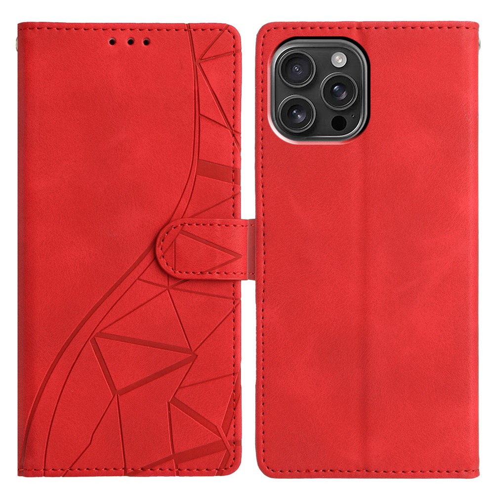 For iPhone 15 Pro Max Case Wallet Stand Imprinted Triangle Pattern Leather Phone Flip Cover - Red