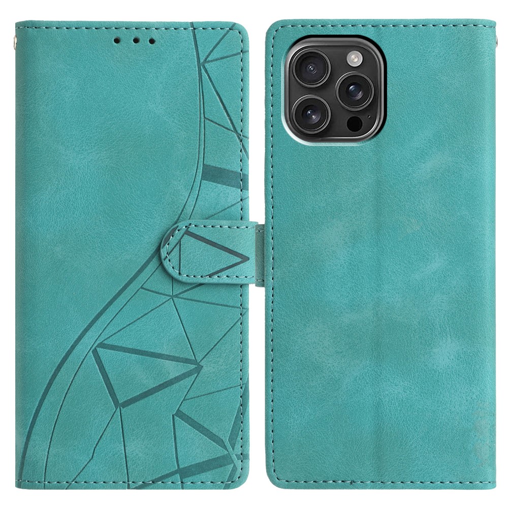 For iPhone 15 Pro Max Case Wallet Stand Imprinted Triangle Pattern Leather Phone Flip Cover - Green