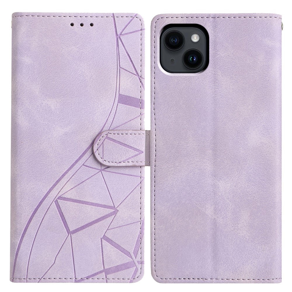 For iPhone 15 Case Wallet Stand Imprinted Triangle Pattern Leather Phone Flip Cover - Purple