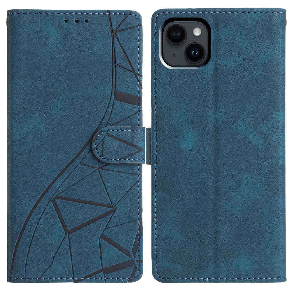 For iPhone 15 Case Wallet Stand Imprinted Triangle Pattern Leather Phone Flip Cover - Blue