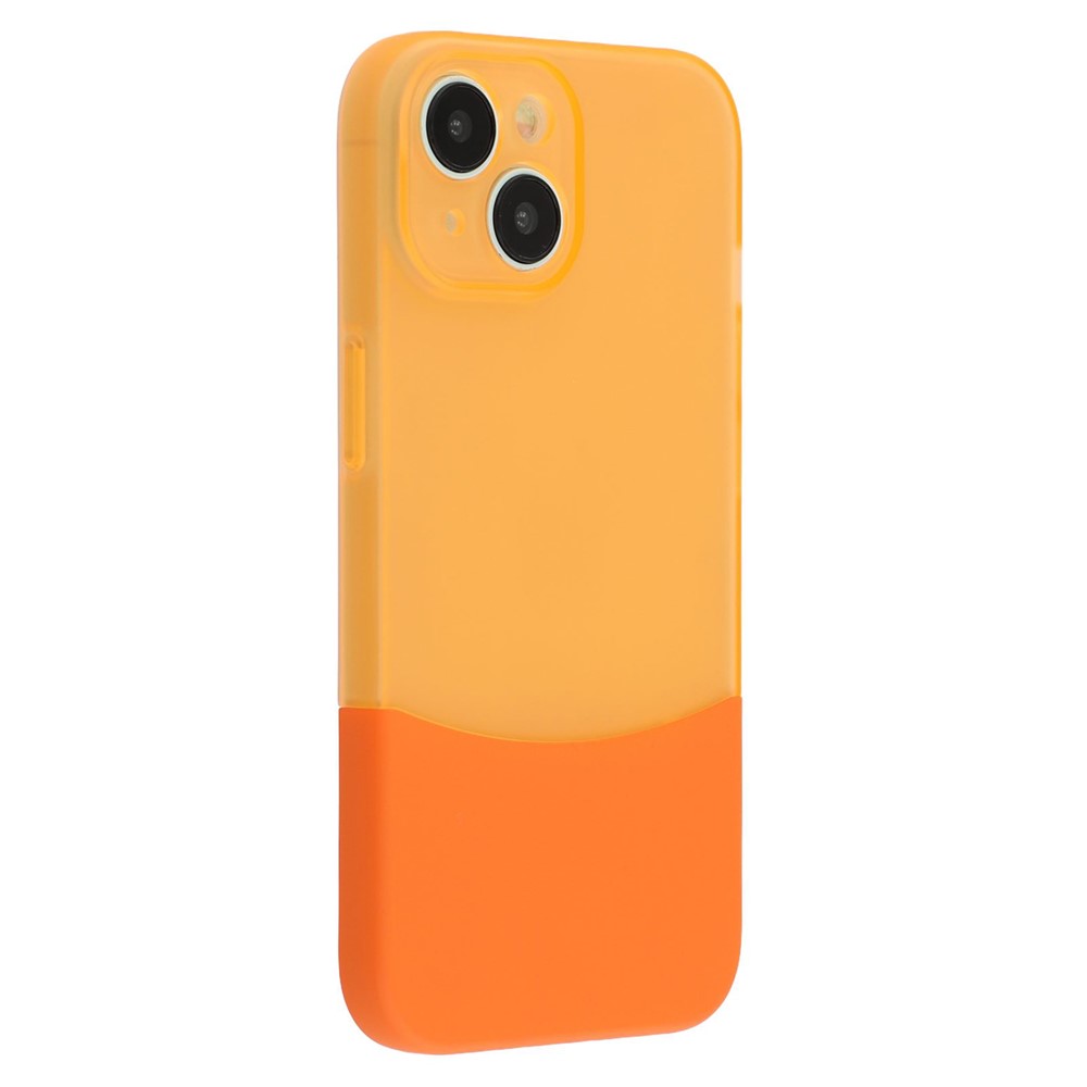For iPhone 13 Case Dual Color Splicing Matte PC Phone Cover Precise Cutouts - Transparent Orange + Orange