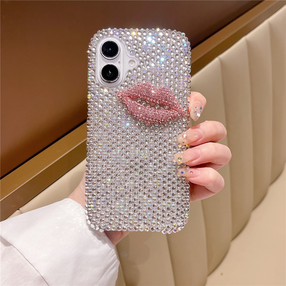 For iPhone 16 Plus Case Full Rhinestone Lip Decor TPU + PC Phone Back Cover - White