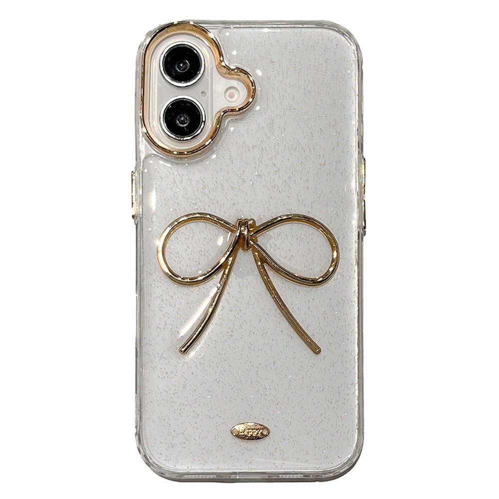 For iPhone 16 Plus Case Gold Bow Epoxy Design TPU + PC Phone Back Cover