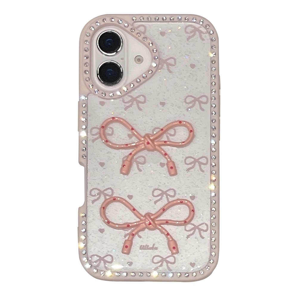 For iPhone 16 Plus Case Two Bow Epoxy Design TPU + PC Phone Back Cover Rhinestone Decor - Pink