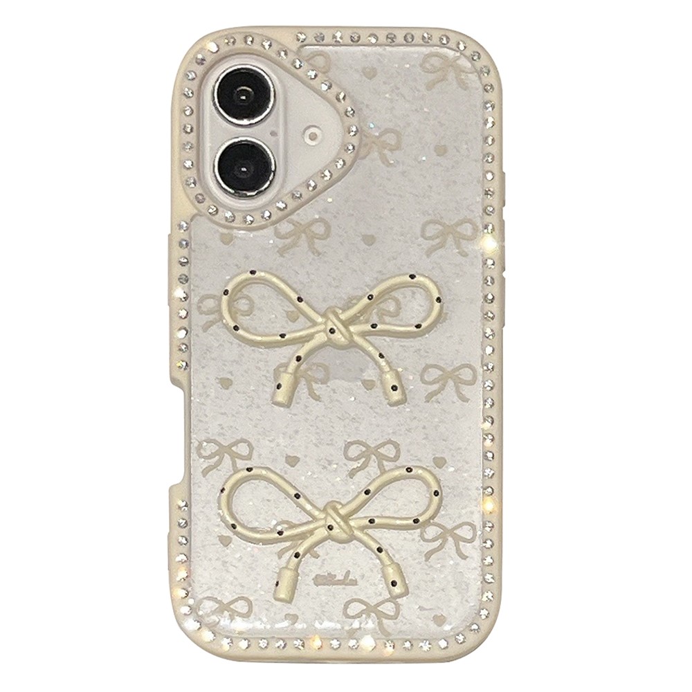 For iPhone 16 Plus Case Two Bow Epoxy Design TPU + PC Phone Back Cover Rhinestone Decor - Beige