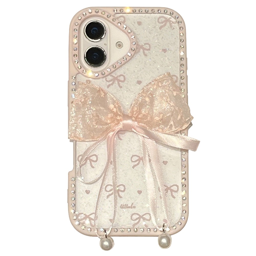 For iPhone 16 Plus Case Two Bow Epoxy Design TPU + PC Phone Back Cover Rhinestone Decor - Pink