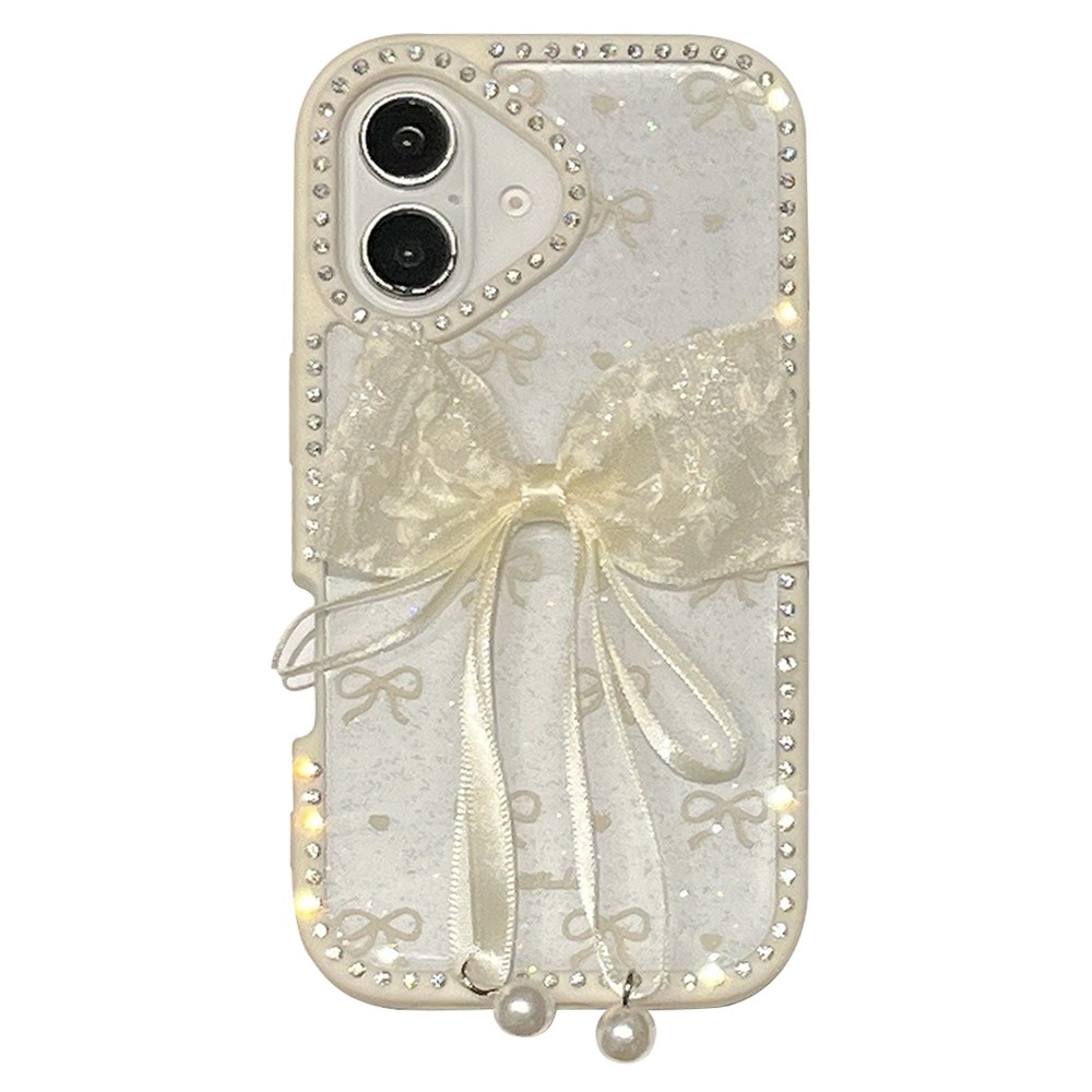 For iPhone 16 Plus Case Two Bow Epoxy Design TPU + PC Phone Back Cover Rhinestone Decor - Beige
