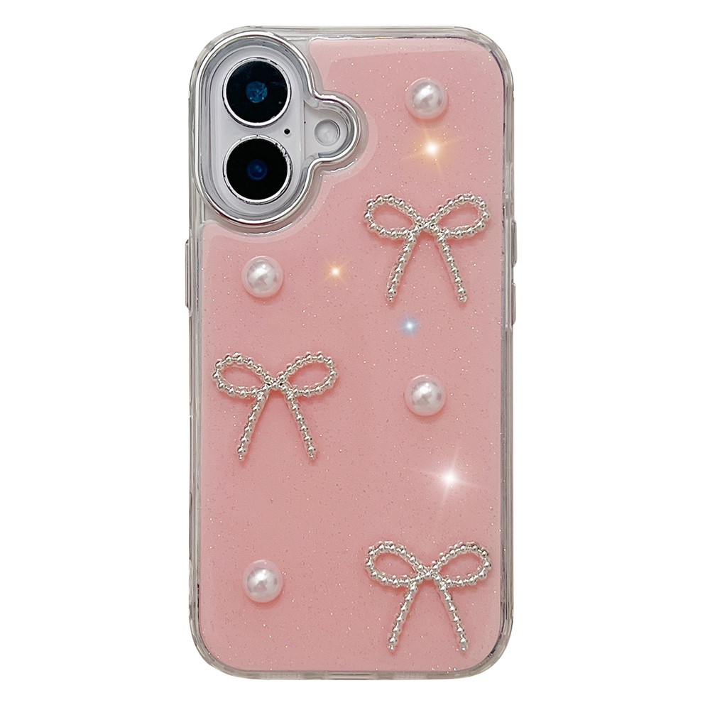 For iPhone 16 Plus Case Pearl Bow Epoxy Design TPU + PC Phone Back Cover - Pink