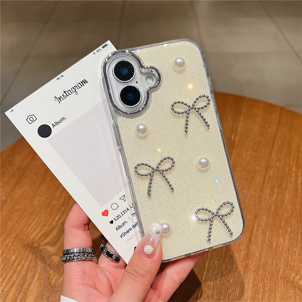 For iPhone 16 Plus Case Pearl Bow Epoxy Design TPU + PC Phone Back Cover - Light Yellow