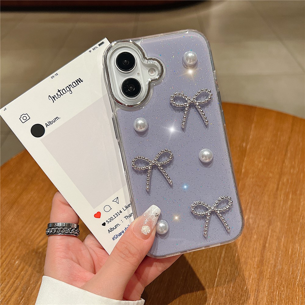 For iPhone 16 Plus Case Pearl Bow Epoxy Design TPU + PC Phone Back Cover - Grey Blue