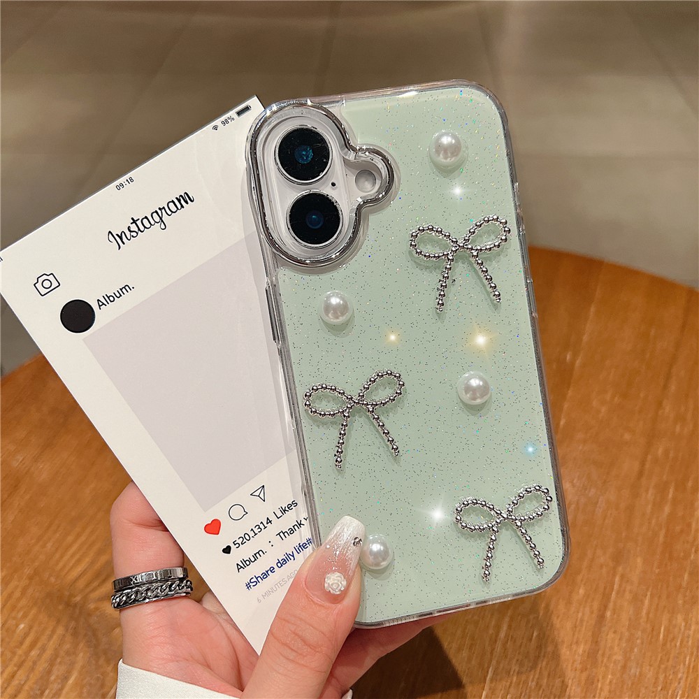 For iPhone 16 Plus Case Pearl Bow Epoxy Design TPU + PC Phone Back Cover - Cyan