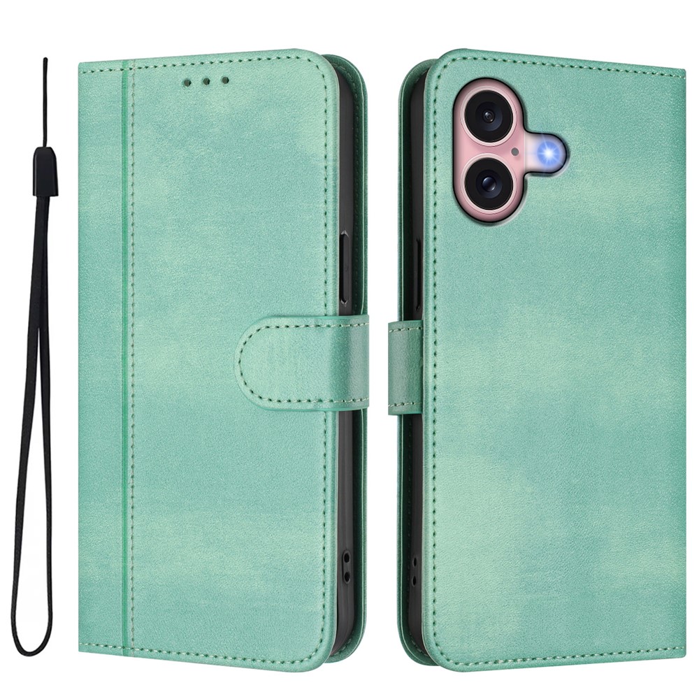 For iPhone 16 Cases Wallet Stand Retro Texture Leather Phone Cover with Lanyard - Mint Green