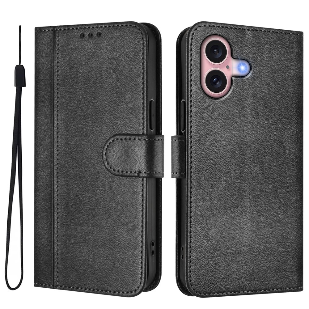 For iPhone 16 Cases Wallet Stand Retro Texture Leather Phone Cover with Lanyard - Black
