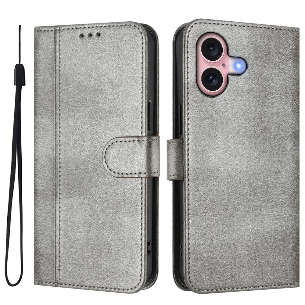 For iPhone 16 Cases Wallet Stand Retro Texture Leather Phone Cover with Lanyard - Grey