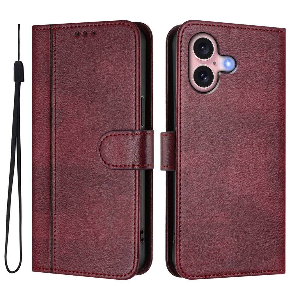 For iPhone 16 Cases Wallet Stand Retro Texture Leather Phone Cover with Lanyard - Wine Red