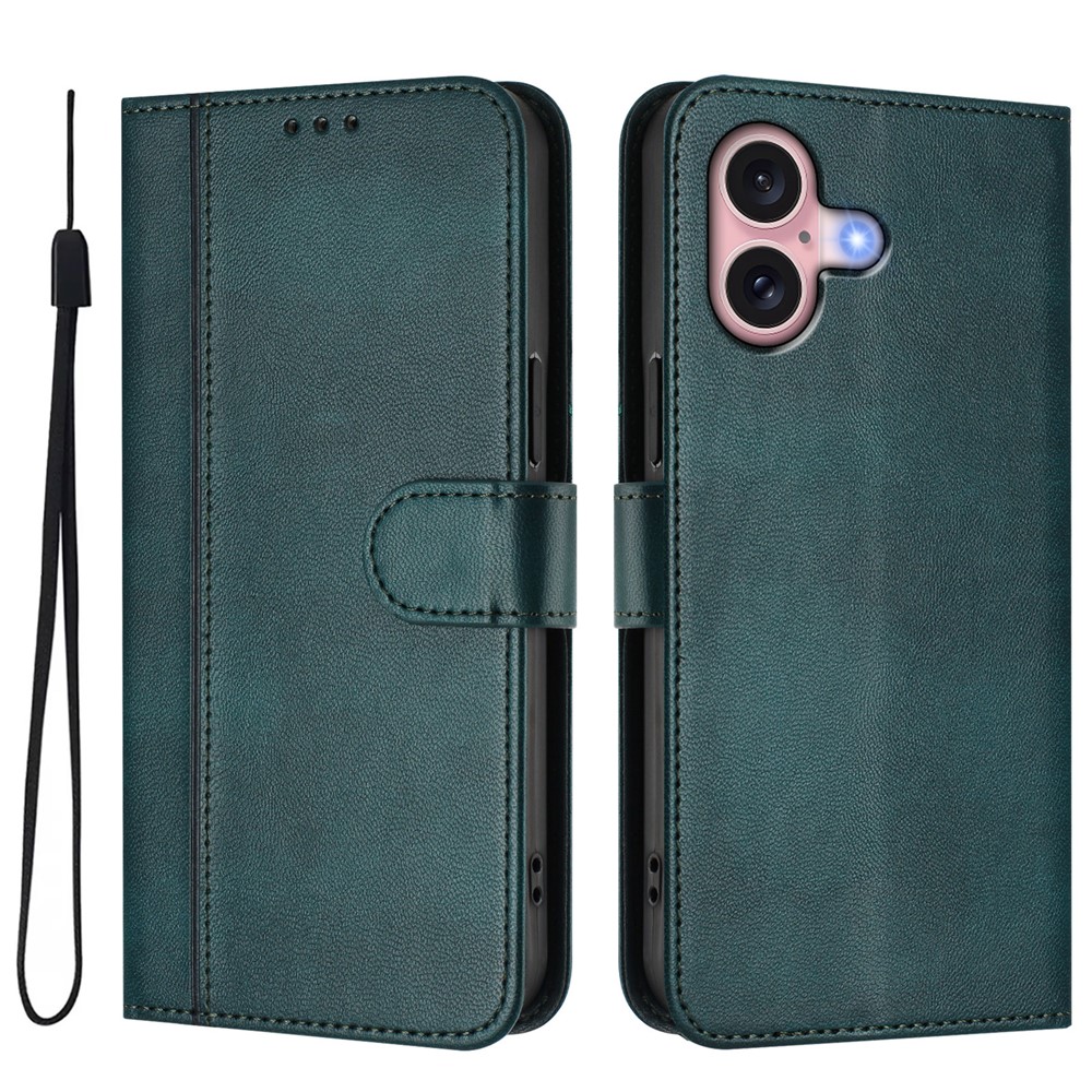 For iPhone 16 Cases Wallet Stand Retro Texture Leather Phone Cover with Lanyard - Dark Green