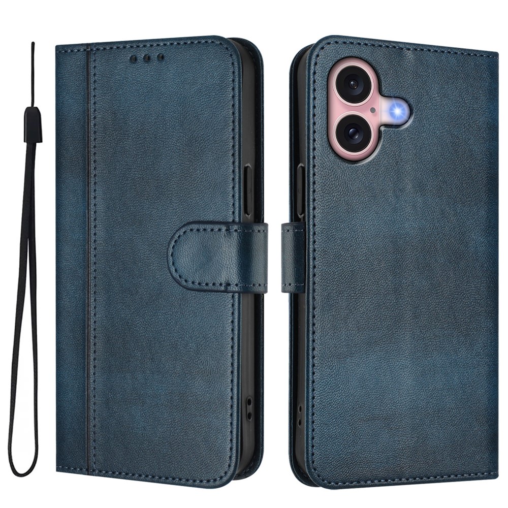 For iPhone 16 Cases Wallet Stand Retro Texture Leather Phone Cover with Lanyard - Blue