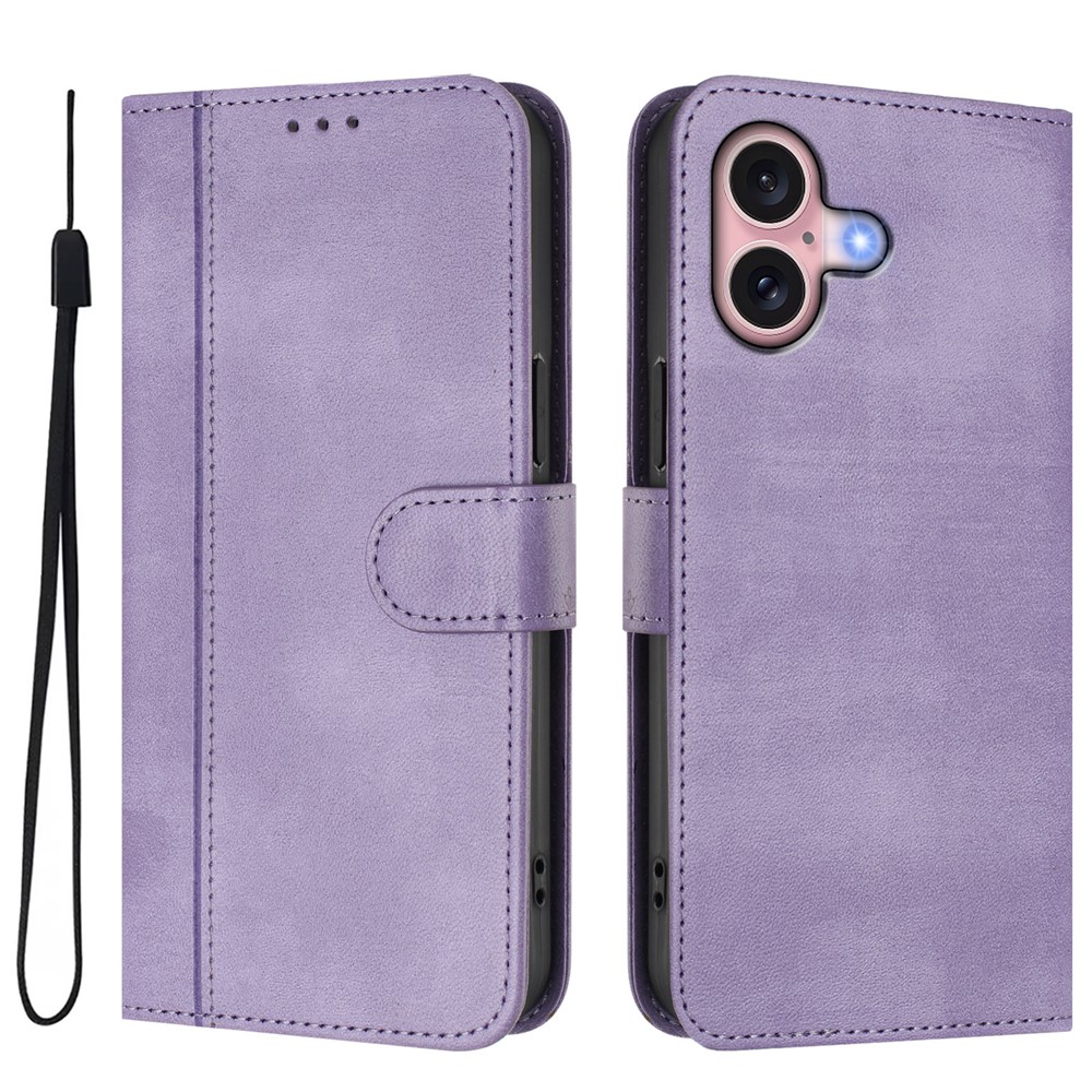 For iPhone 16 Cases Wallet Stand Retro Texture Leather Phone Cover with Lanyard - Light Purple