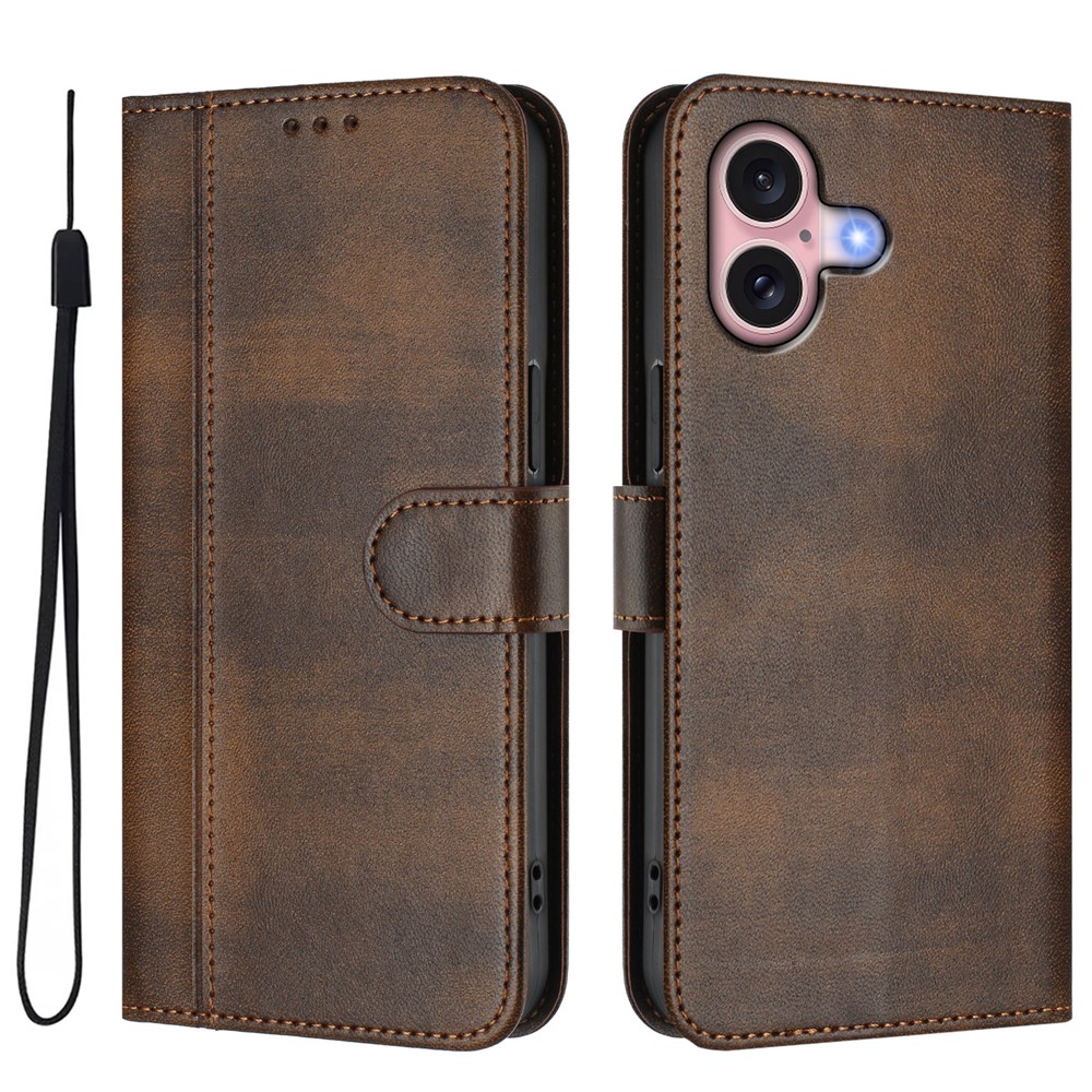 For iPhone 16 Cases Wallet Stand Retro Texture Leather Phone Cover with Lanyard - Brown