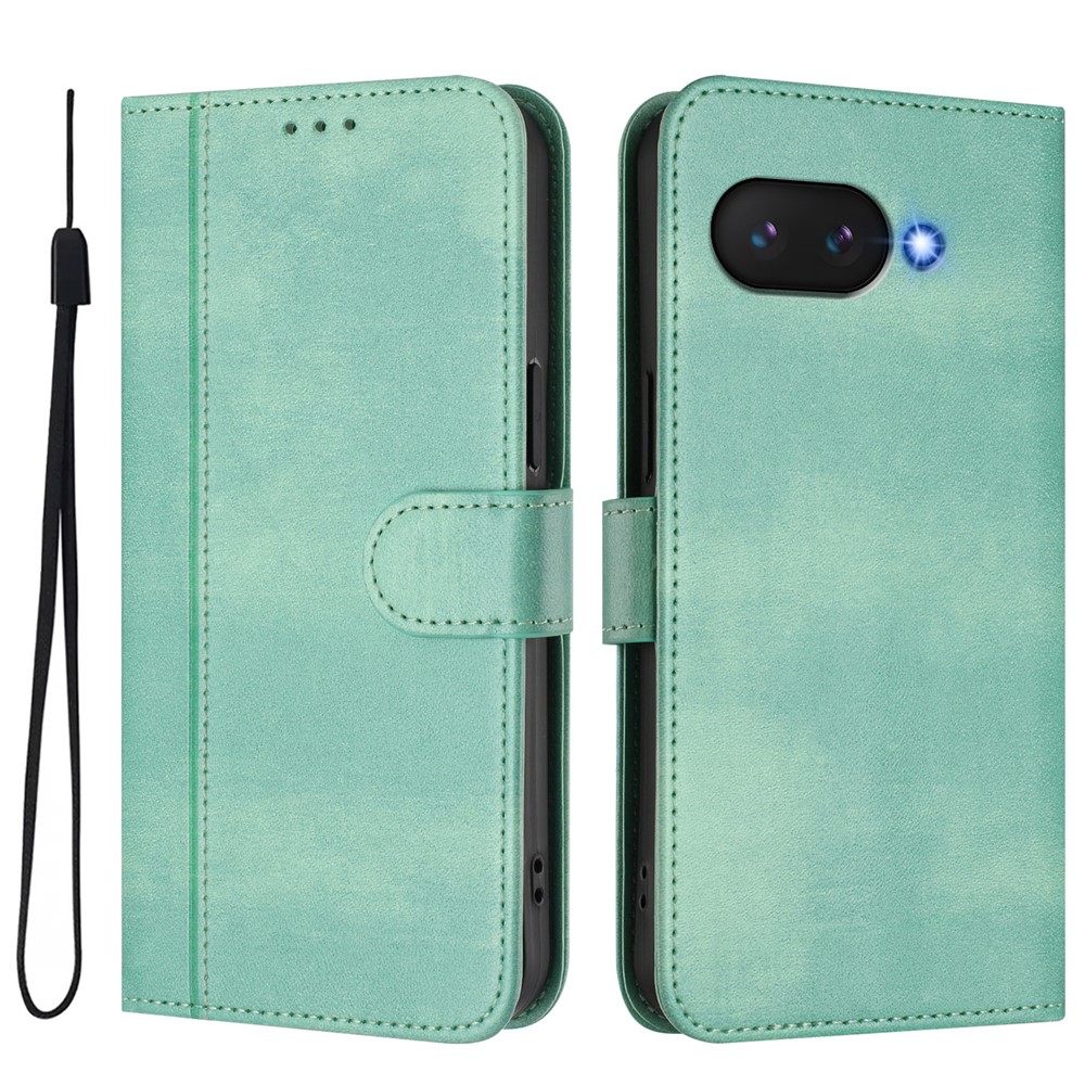 For Google Pixel 9a Cases Wallet Stand Retro Texture Leather Phone Cover with Lanyard - Mint Green