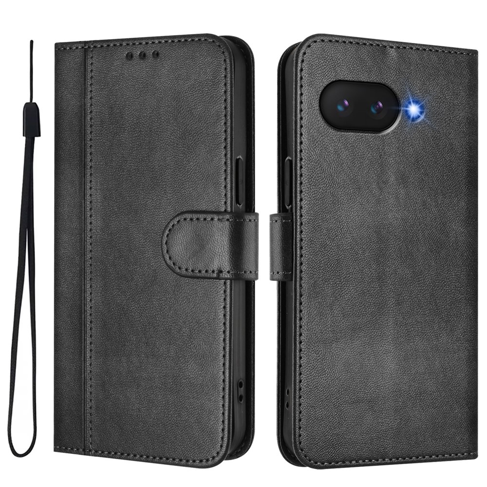 For Google Pixel 9a Cases Wallet Stand Retro Texture Leather Phone Cover with Lanyard - Black