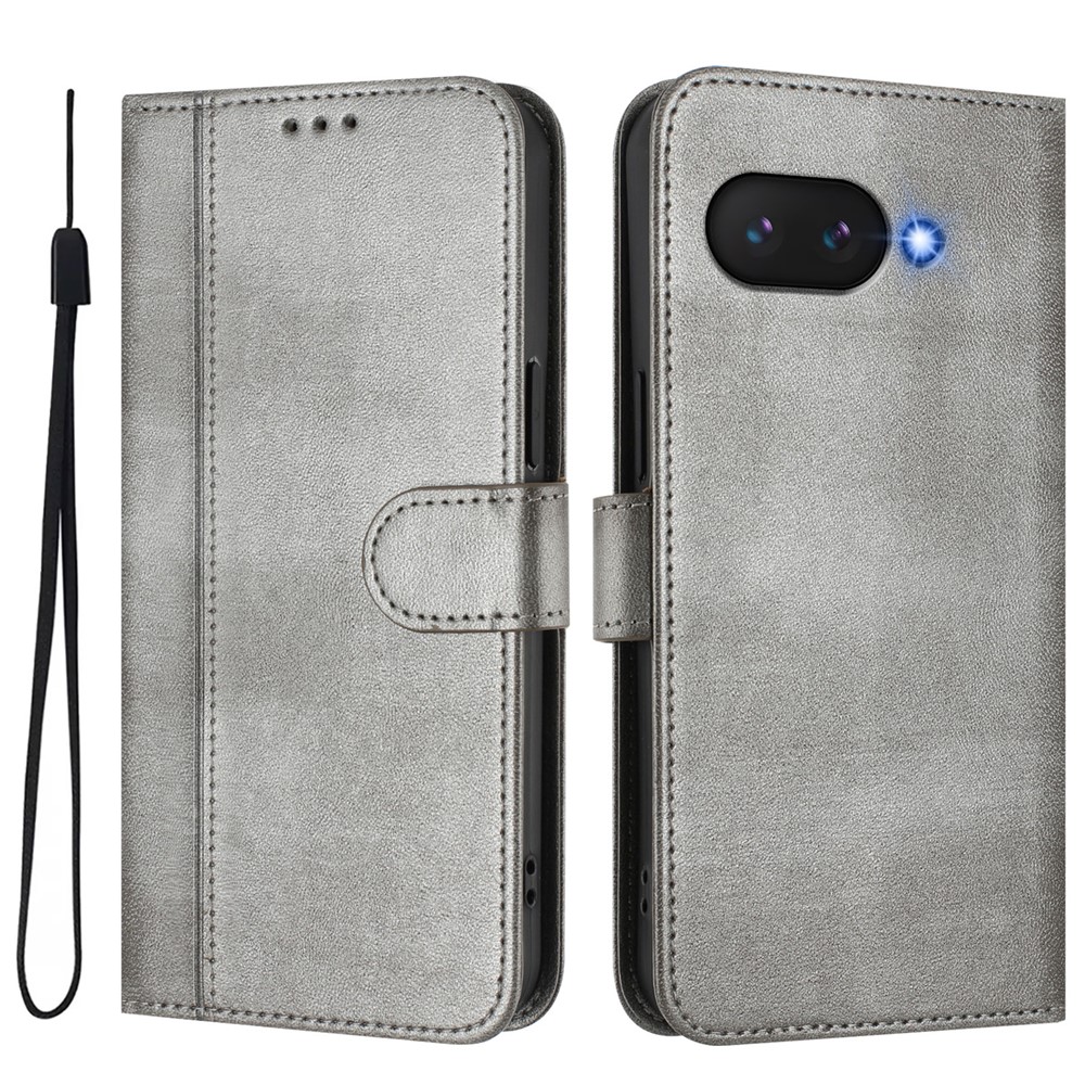 For Google Pixel 9a Cases Wallet Stand Retro Texture Leather Phone Cover with Lanyard - Grey