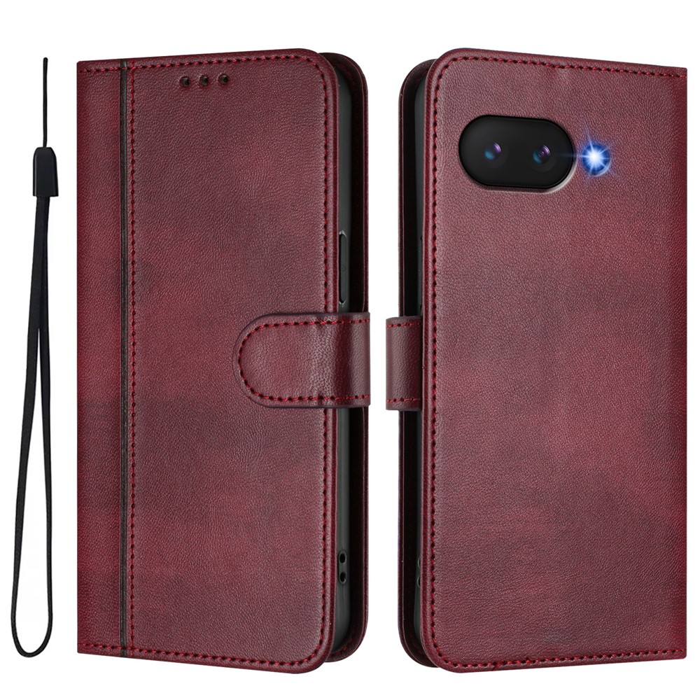 For Google Pixel 9a Cases Wallet Stand Retro Texture Leather Phone Cover with Lanyard - Wine Red