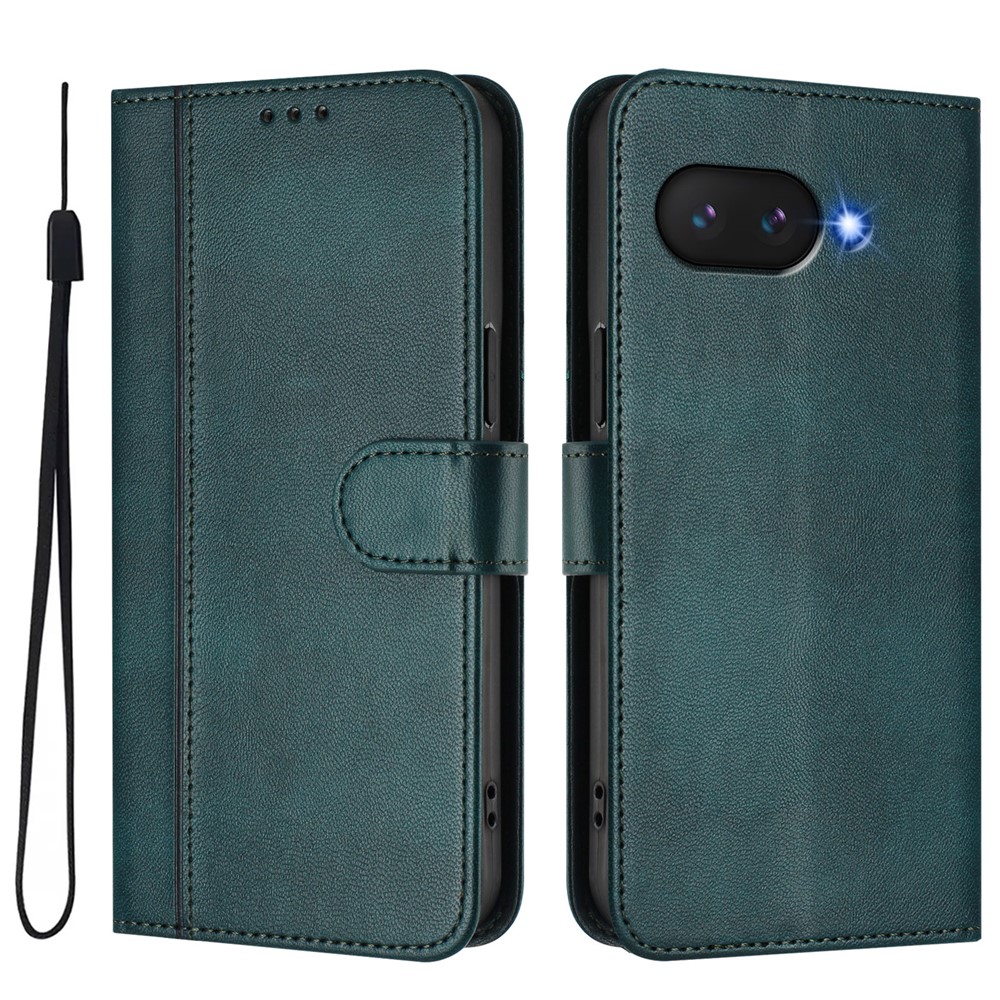 For Google Pixel 9a Cases Wallet Stand Retro Texture Leather Phone Cover with Lanyard - Dark Green