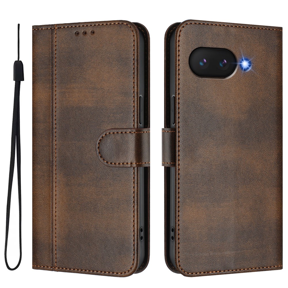 For Google Pixel 9a Cases Wallet Stand Retro Texture Leather Phone Cover with Lanyard - Brown
