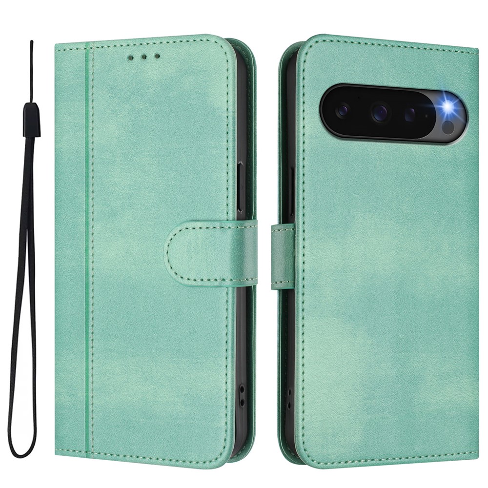For Google Pixel 9 Cases Wallet Stand Retro Texture Leather Phone Cover with Lanyard - Mint Green