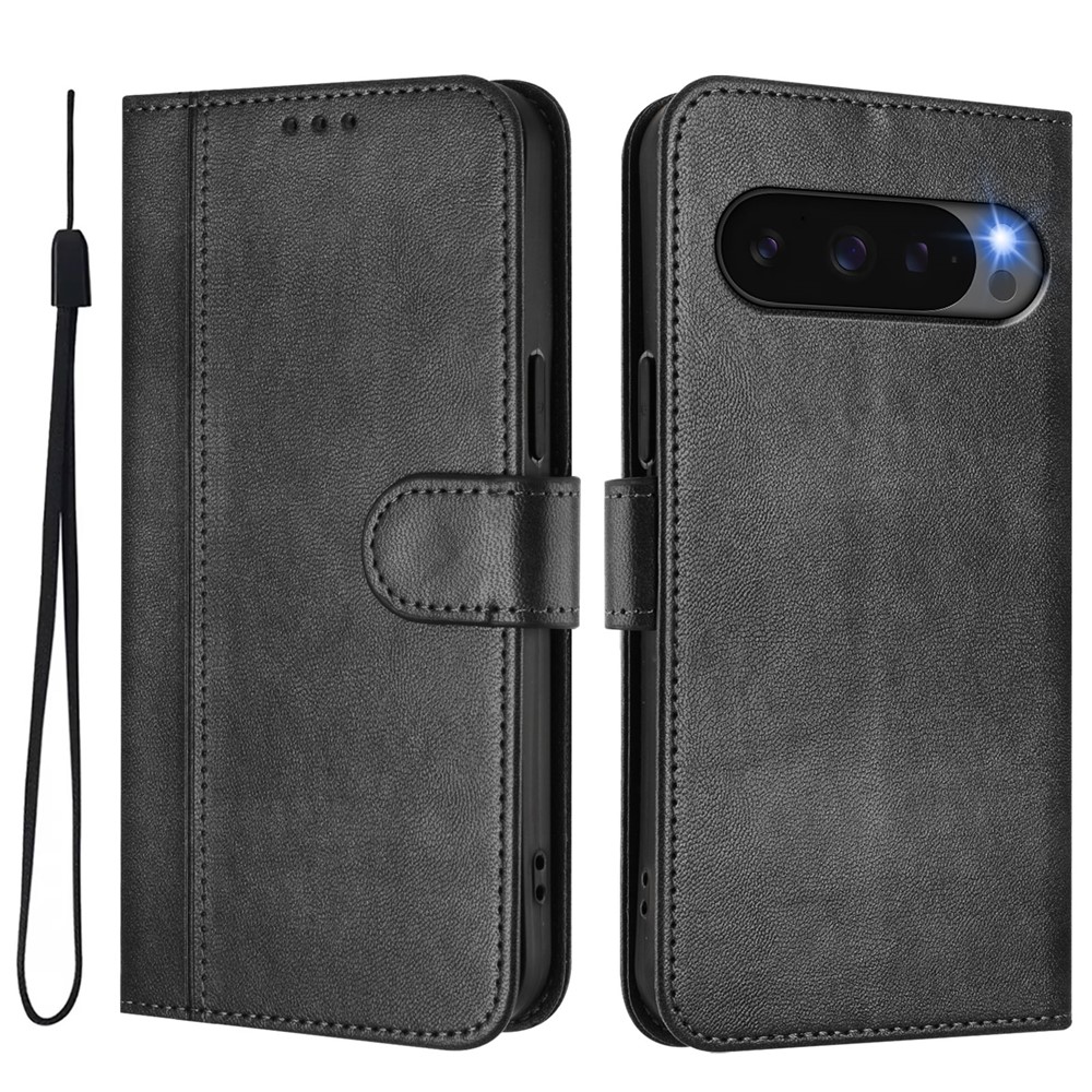 For Google Pixel 9 Cases Wallet Stand Retro Texture Leather Phone Cover with Lanyard - Black