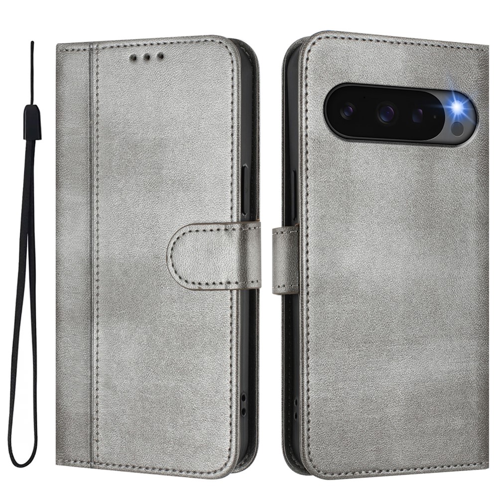 For Google Pixel 9 Cases Wallet Stand Retro Texture Leather Phone Cover with Lanyard - Grey