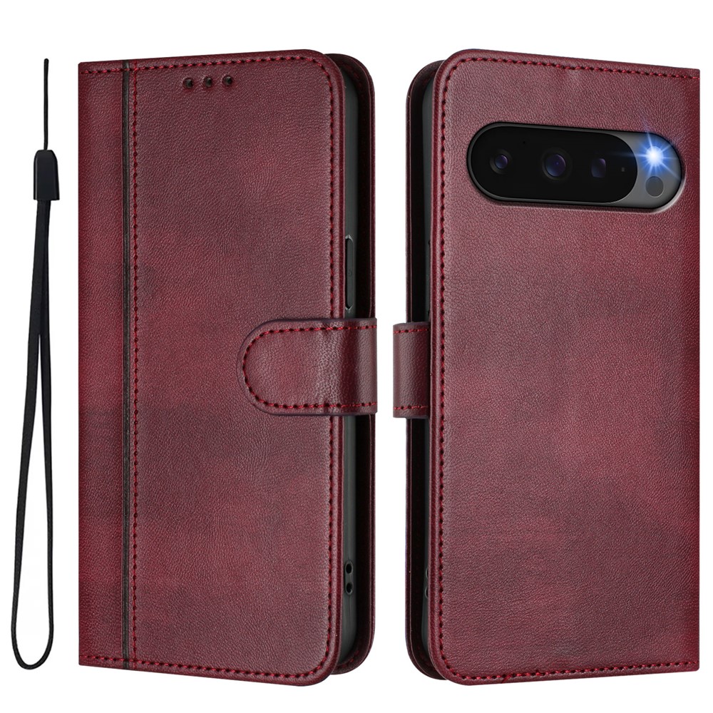 For Google Pixel 9 Cases Wallet Stand Retro Texture Leather Phone Cover with Lanyard - Wine Red