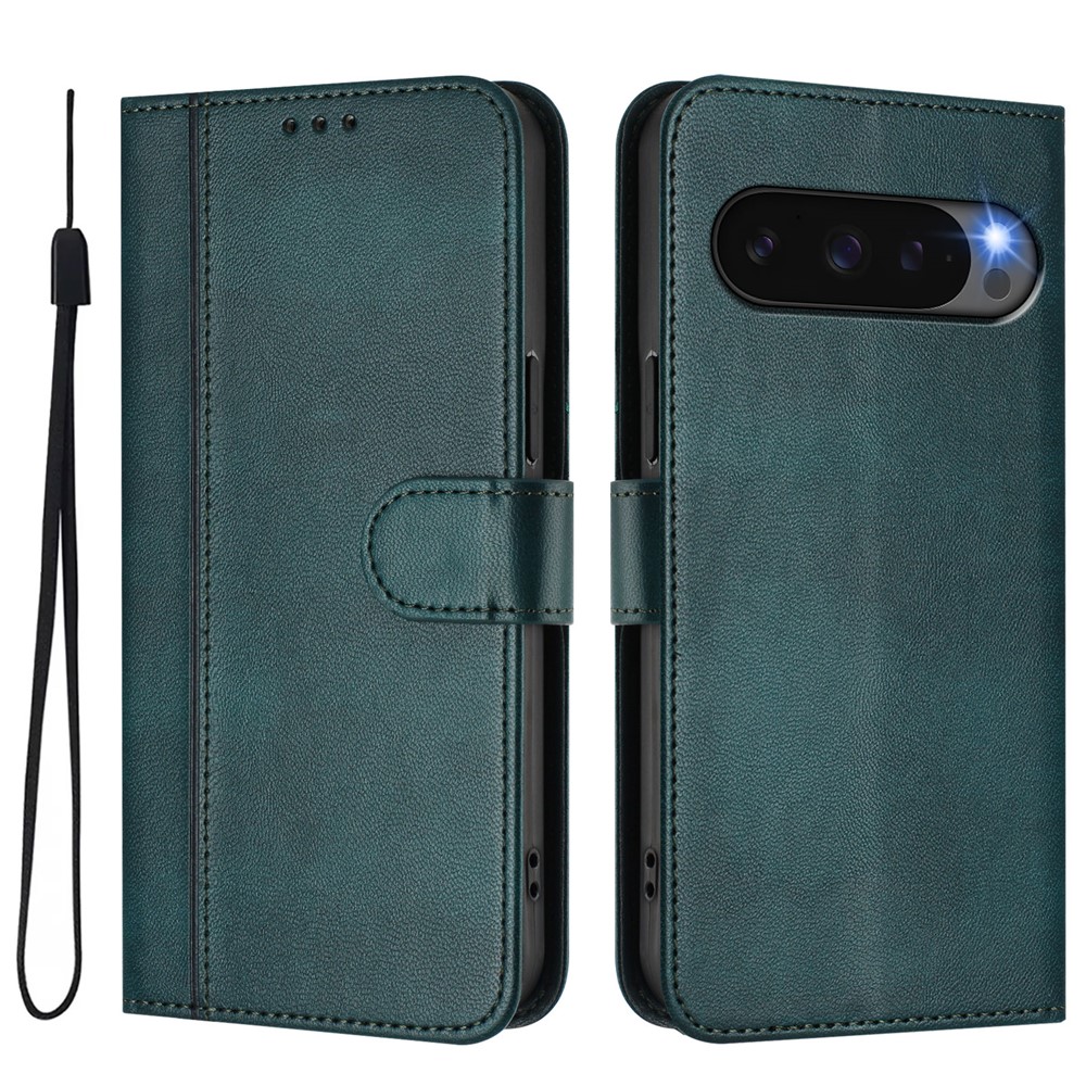 For Google Pixel 9 Cases Wallet Stand Retro Texture Leather Phone Cover with Lanyard - Dark Green