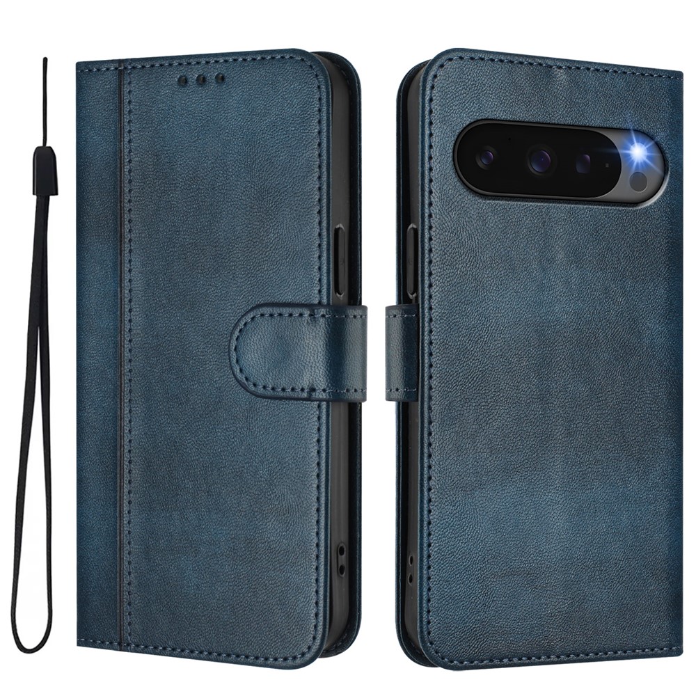 For Google Pixel 9 Cases Wallet Stand Retro Texture Leather Phone Cover with Lanyard - Blue