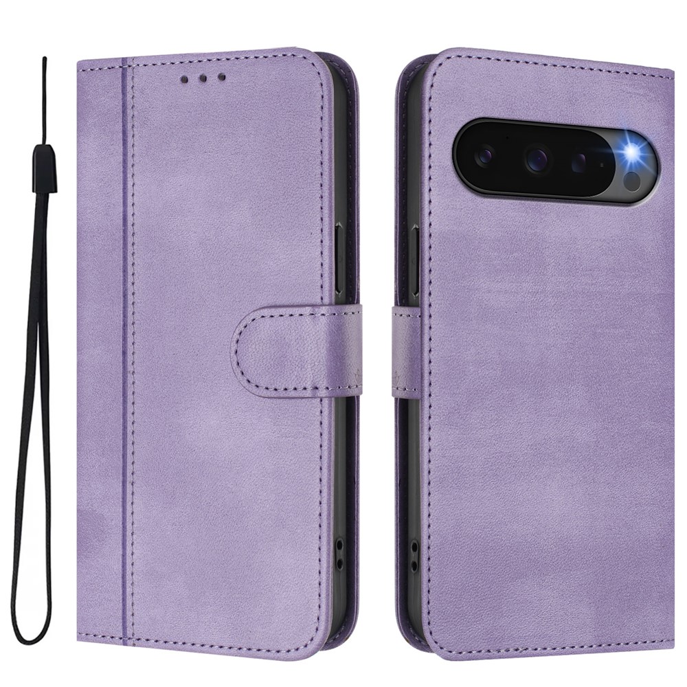 For Google Pixel 9 Cases Wallet Stand Retro Texture Leather Phone Cover with Lanyard - Light Purple